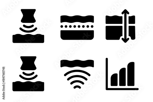 Depth Measurement Icons. Solid style icons of field penetration depth: shallow field wave, body layer icon, depth measurement