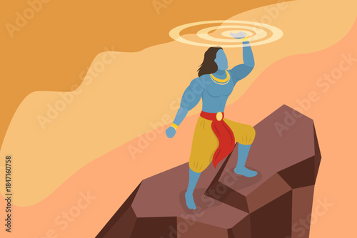 3D Isometric Flat Vector Illustration of Vishnu, Hindu God Lord Krishna Holding Sudarshan Chakra In Indian Mythology