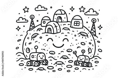 Playful Moon Base. Playful doodle composition showing a happy moon base with cozy modules, antenna towers, and friendly rovers