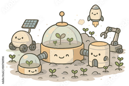 Cute Lunar Ecosystem. Delightful doodle of cute lunar base ecosystem with smiling habitats, machines, and tiny moon plants