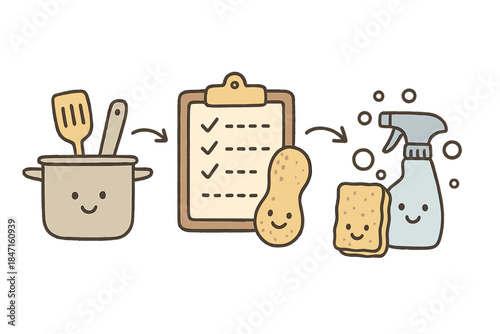 Allergy-Safe Cooking Steps. Cute doodle infographic-style artwork of allergy-safe cooking steps — separating tools, checking