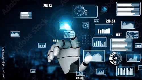 Wallpaper Mural A futuristic robot hand engages with a digital interface full of data visualization elements. This image captures the essence of technological interaction in modern innovation. Xenic Torontodigital.ca