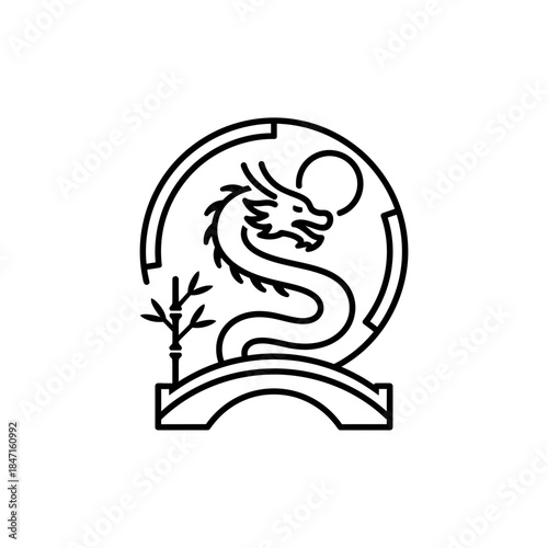 Lunar New Year dragon lineart three quarter close arching over bridge base modern vector illustration