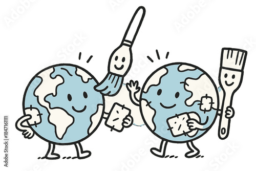 Restoring Friendly Globes. Playful doodle composition showing friendly globes chatting while being restored with brushes and