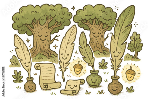 Mystical Forest Doodle. Charming doodle art of mystical forest where joyful quills, scrolls, and glowing acorns capture the voices