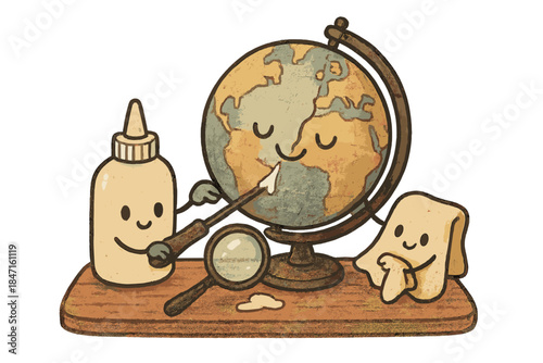 Restoration Tools Repairing Globe. Whimsical doodle of cute restoration tools — glue, magnifier, and cloth — carefully repairing a