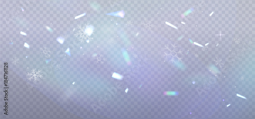 Realistic snow fallen on transparent background with reflection light prism effect. Abstract dust particles, white confetti winter png snowy bg. Vector snow overlay with cold blurred light.