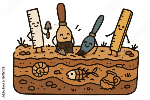 Charming Archeological Doodles. Charming doodle art of cozy dig site with joyful brushes and rulers carefully sketching layers
