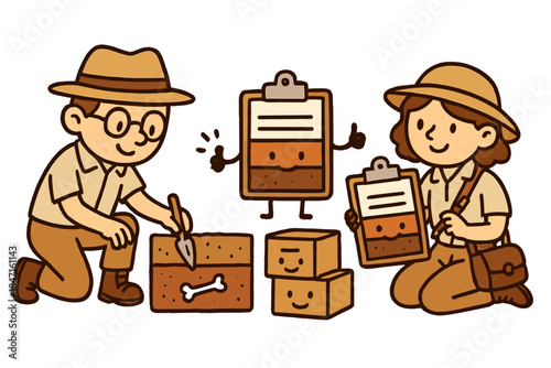 Cute Archaeologists Doodling. Fun doodle illustration of cute archaeologist characters mapping soil profiles with happy clipboards