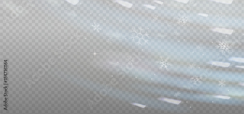 Flying snowflakes with prism light flare effect in motion, cold white light overlay background with warm shine of crystal glass, shiny glow. Prism light dispersion with rays and glares effect. Vector