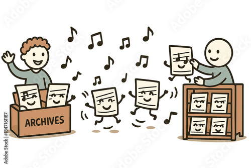 Joyful Archivists Organizing Manuscripts. Adorable doodle scene of cheerful archivists and musical notes helping happy dance