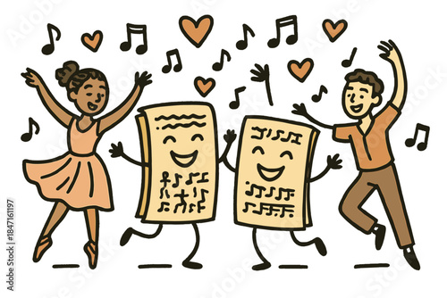 Joyful Manuscripts Dance. Delightful doodle of happy manuscripts and dancers celebrating the preservation of ancient movement art