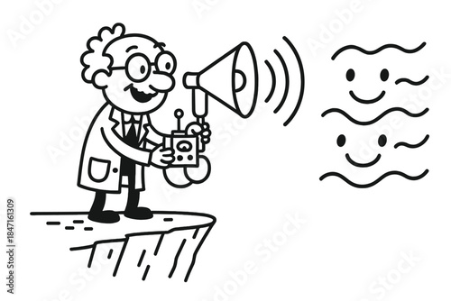 Joyful Echo Waves. Whimsical doodle vector of scientist character using joyful sound detector on a cliff with smiling echo waves