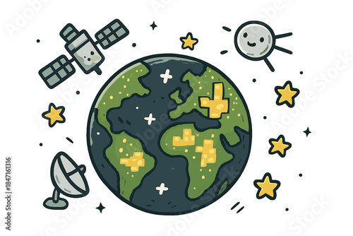 Charming City Globe. Charming doodle vector of globe showing bright city zones and dark sky areas, surrounded by cute satellites