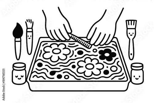 Artistic Water Marbling. Cute doodle vector of happy artist hands gently combing floating paint patterns on water, surrounded by