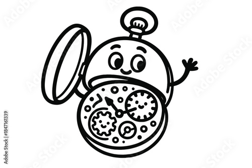 Animated Pocket Watch. Playful doodle vector of antique pocket watch character opening to reveal cute ticking inner parts, No text