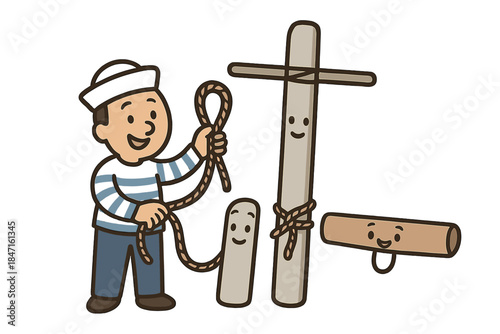 Sailor Teaches Ship Parts. Cute doodle vector of happy sailor teaching ropes to adorable ship parts—mast, boom, and yard—smiling