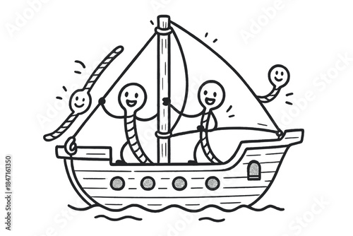 Animated Ship Cross-Section. Doodle-style vector illustration of ship cross-section showing cute animated lines—halyard, shroud,