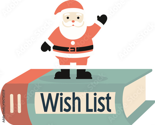Mini Santa standing on wish list book waving Christmas vector illustration