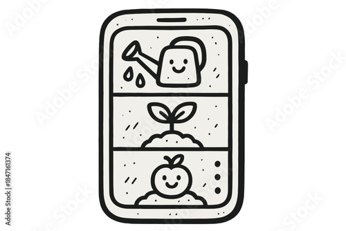 Cute Gardening App Icons. Playful doodle vector of smartphone app displaying cute plots with happy icons for watering, planting,