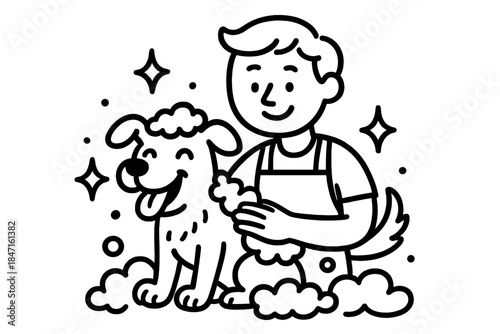 Pet Grooming Delight. Doodle-style vector art of friendly groomer character washing a happy pet surrounded by soap suds and