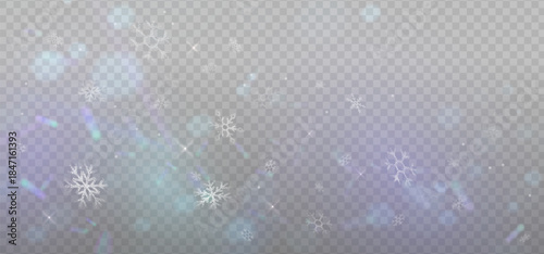 Snowfall Magic light reflection, Snow Overlays, snowscape backdrops, realistic snowflakes, Blizzard Light Effects, Christmas Frost sparkling Overlays. Vector