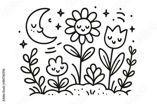 Smiling Night Garden. Charming doodle vector of night garden scene where smiling plants and moon work together in harmony, No text