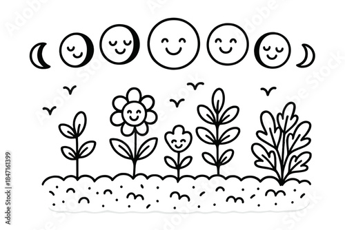 Cheerful Moon Phases. Doodle-style vector illustration of cheerful moon phases smiling above a garden with happy plants growing in