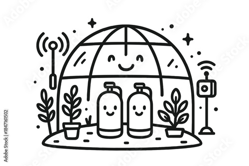 Cheerful Mars Habitat. Doodle-style vector illustration of cheerful Mars habitat dome with smiling oxygen tanks, plants, and