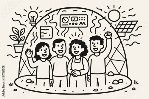 Martian Dome Crew. Doodle-style vector illustration of happy crew inside Martian dome surrounded by glowing systems keeping