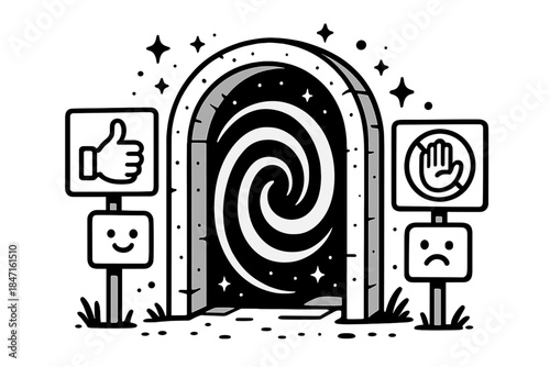 Dimensional Gateway Doodle. Whimsical doodle vector of dimensional gateway with smiling signs showing do’s and don’ts for parallel