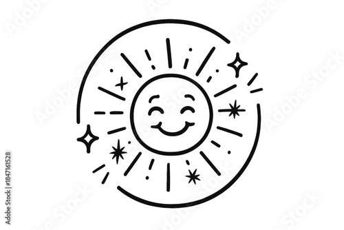 Radiant Sun Doodle. Doodle-style vector illustration of glowing circular frame halfway enclosing a radiant smiling sun with