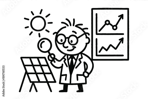 Analyzing Solar Performance. Playful doodle vector of scientist or engineer character analyzing cheerful solar panel performance
