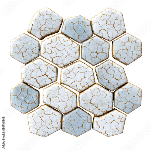 Cracked Hexagon Tiles, isolated on white background and isolated on transparent background