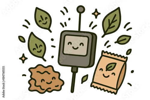 Joyful Eco-Detection. Cute doodle vector of happy sensor device detecting compostable materials surrounded by joyful leaves and