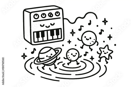 Cosmic Synth Vibes. Doodle-style vector art of adorable synthesizer connected to cosmic ripples with planets and stars dancing to