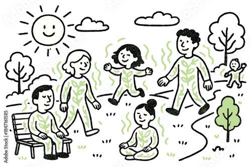 Photosynthesis Park Scene. Doodle-style vector illustration of sunny park scene where people in photosynthetic outfits radiate