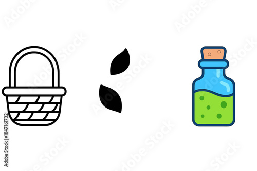 Floating Petals Trio. Basket handle, floating petals, herbal vial, first in line style with thin outline, second in solid style