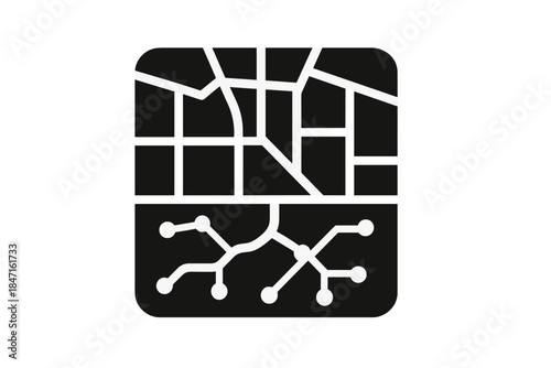 Subterranean City Blueprint. Solid style icon of a city map with underground tunnels highlighted, representing subcutaneous city