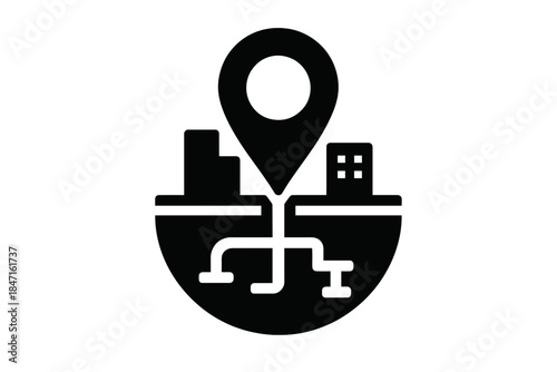 Subterranean Map Icon. Solid style icon of a map pin pointing to a subterranean area in a city, representing subcutaneous city map