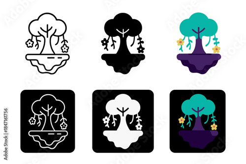 Bioluminescent Forest Icon. Floating bioluminescent forest with neon vines and synthetic flowers, surreal futuristic ecosystem,