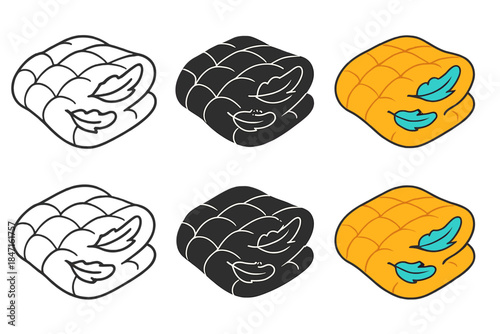 Cozy Quilted Comforter Designs. Quilted comforter with gentle curves and feather details, abstract cozy bedding icon, minimal