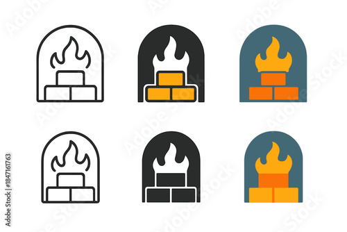 Minimalist Furnace Bricks. Glowing bricks inside furnace with small flames around, abstract minimalist vector icon, first in line