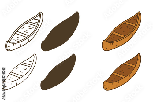 Birch Canoe Designs. Top view of a birch bark canoe with gentle curves and natural texture, abstract minimalist vector, first in