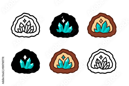 Geode Icon Styles. Open geode fragment with sparkling crystal interior, geometric clean minimalist icon, first in line style with