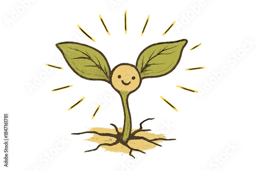 Hopeful Seedling Emergence. Charming doodle seedling pushing through a crack in the pavement, smiling shoots surrounded by hopeful