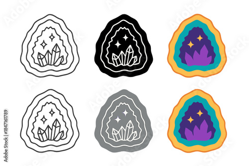 Glittering Geode Cross-Section. Cross-section of geode with jagged edges and glittering crystals, abstract minimalist vector