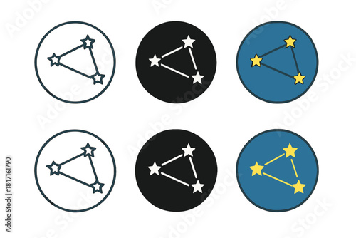 Geometric Star Chart. Primitive star chart etched on flat disk, clean geometric minimal icon, first in line style with thin