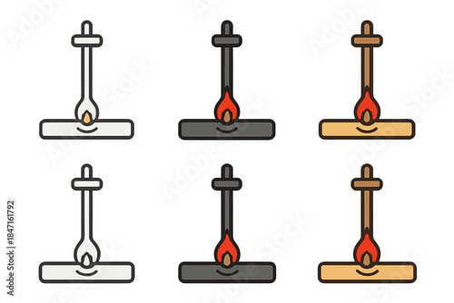 Fire-starting Icon Series. Fire-starting spindle and base board with glowing ember, clean geometric minimal icon, first in line