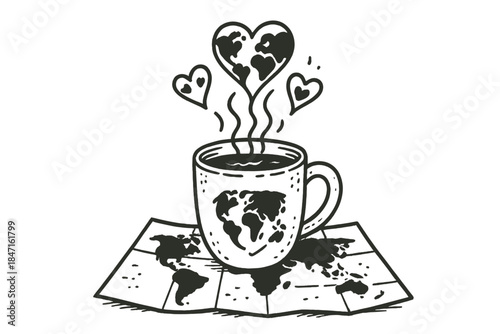 Steaming Heart Map. Whimsical doodle steaming mug placed on a folded world map, tiny continents forming heart shapes in the steam,